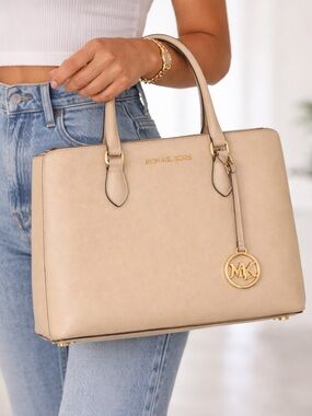Authentic Michael Kors Taupe Saffiano Leather Satchel with Gold Hardware